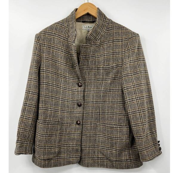 Vintage LL Bean Blazer Womens Button‎ Front Plaid Jacket Long Sleeve Brown 16P - Picture 1 of 7
